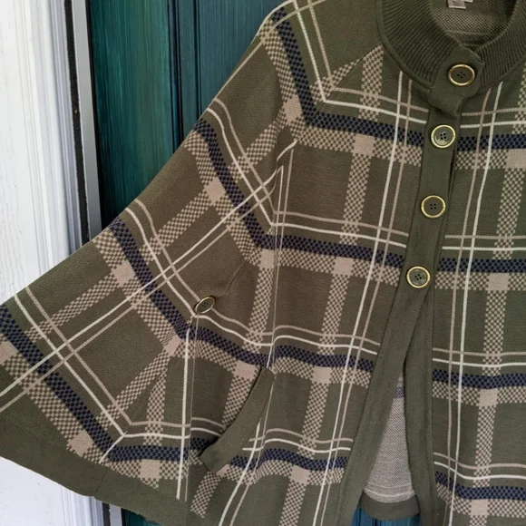 Olive Plaid Knit Button Cape by Hot in Hollywood - Picture 9 of 9
